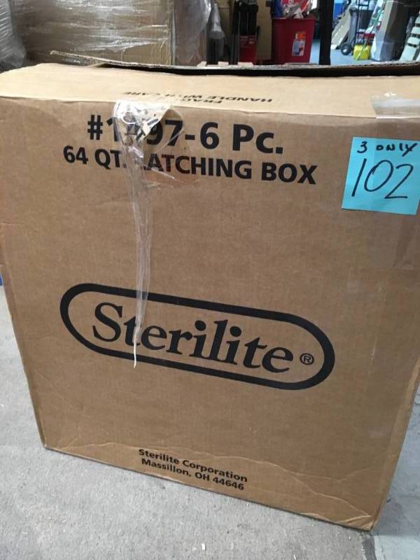 lot 102 image: Sterilite 64 Qt. Latching Storage Box QTY 3 in good condition