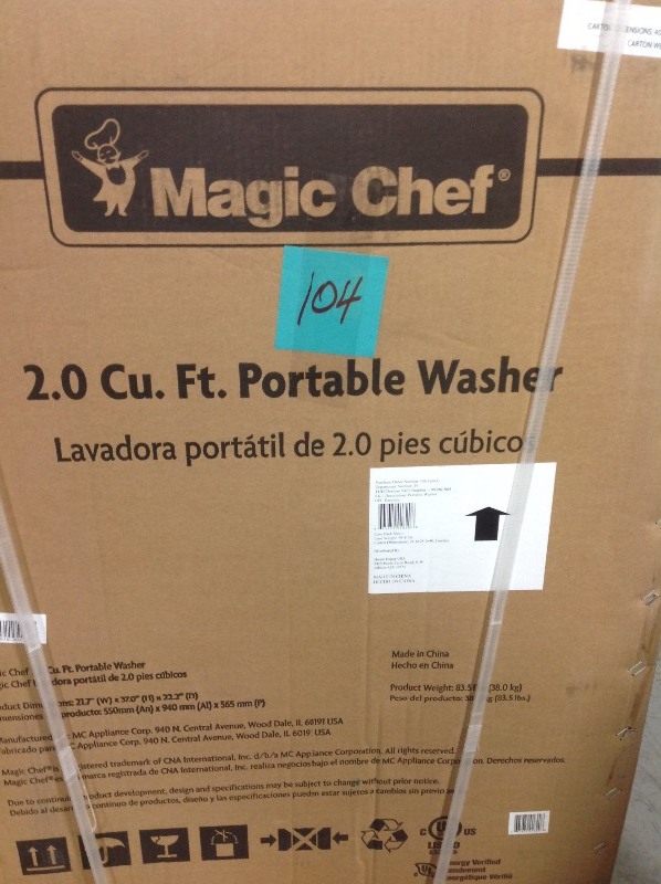 lot 104 image: Magic Chef 2.0 cu. ft. Compact Top Load Washing Machine in White, Portable with Stainless Steel Tub in good conditions