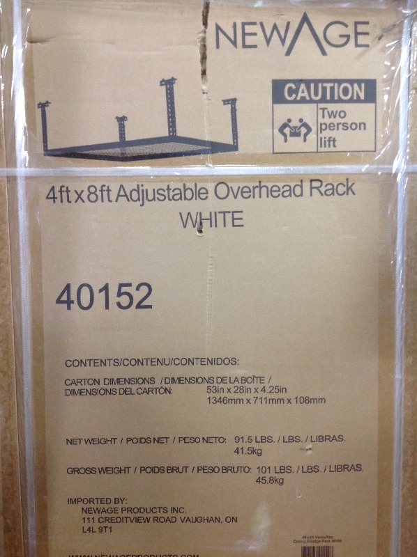 lot 105 image: Lot of 2 NewAge Products Performance 96 in. L x 48 in. W x 42 in. H Adjustable VersaRac Ceiling Storage Rack in White in good conditions