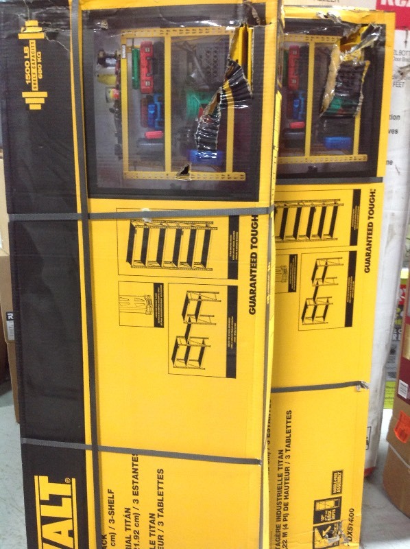 lot 106 image: Lot of 2 DEWALT 48 in. H x 50 in. W x 18 in. D 3-Shelf Steel  Laminate Expandable Industrial Storage Rack Unit in Yellow in good conditions