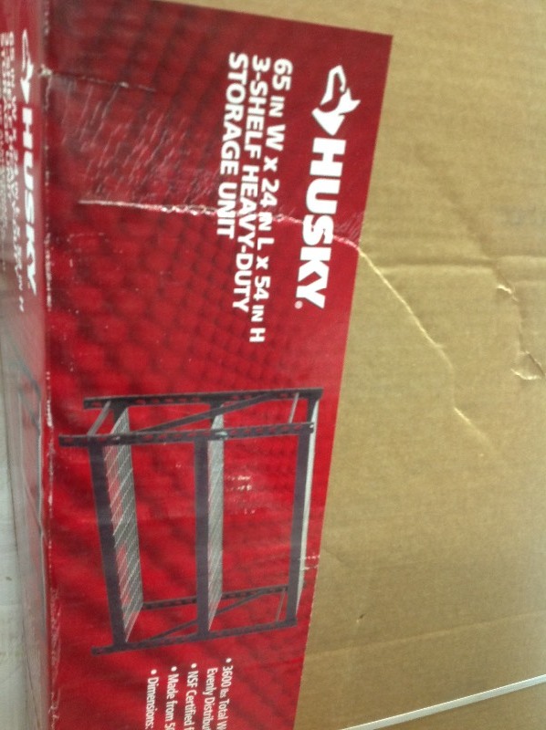 lot 107 image: Husky 65 in. W x 54 in. H x 24 in. D Welded Steel Shelving Rack in Black in good conditions