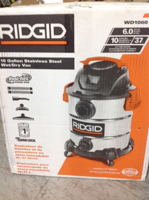 lot 114 image: RIDGID 10 Gal. 6.0 Peak HP Stainless Wet Dry Vac in good conditions