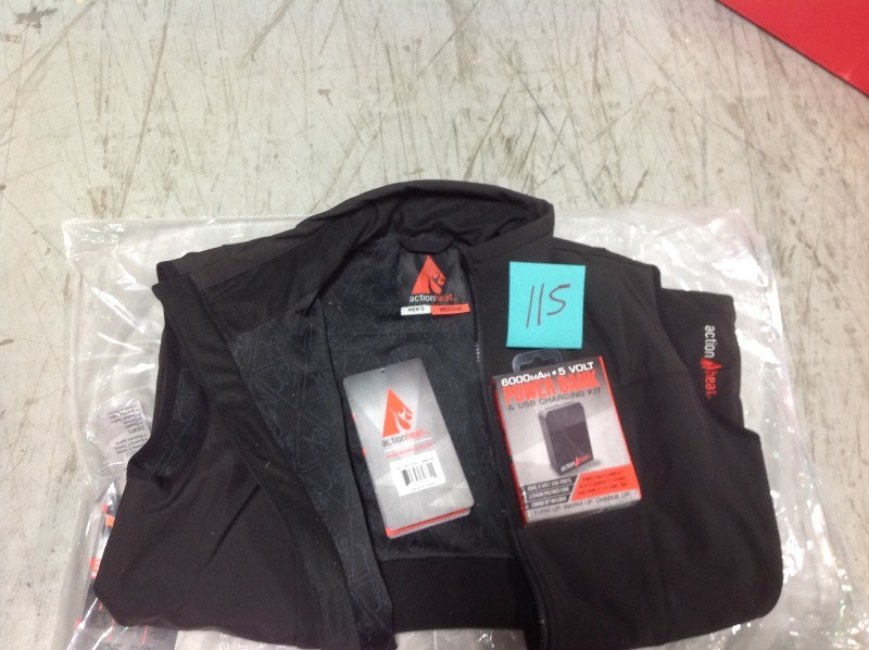 lot 115 image: ActionHeat Mens Medium Black Softshell 5-Volt Battery Heated Vest in good conditions