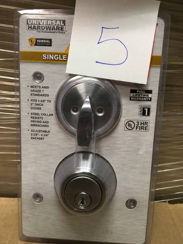 lot 5 image: Universal Hardware Commercial 2-34 in. Single Cylinder Satin Chrome Heavy-Duty Industrial Deadbolt n good condition