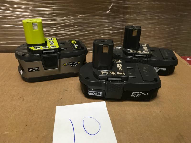 lot 10 image: (1) RYOBI 18-Volt ONE Lithium-Ion 4.0 Ah LITHIUM High Capacity Battery Pack PLUS (2) Ryobi P102 Genuine OEM 18V One Lithium Ion Battery QTY 3 n good condition