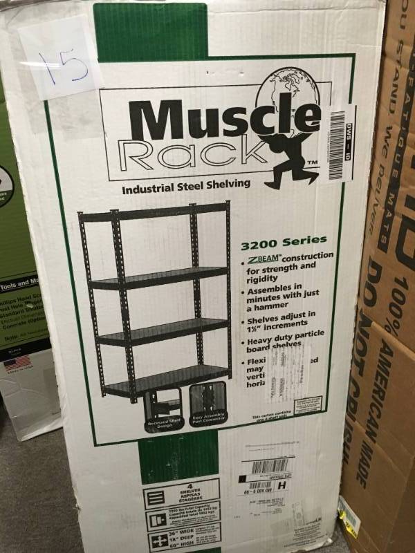 lot 15 image: Edsal 60 in. H x 36 in. W x 18 in. D 4-Shelf Steel Shelving Unit in Black not used
