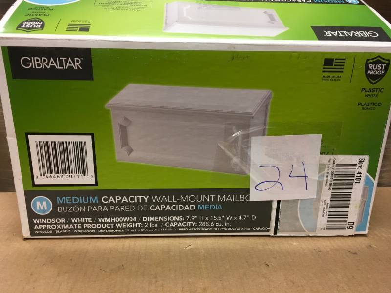lot 24 image: Gibraltar Mailboxes Windsor Plastic White Wall-Mount Mailbox n good condition