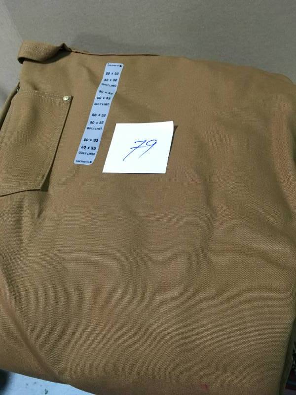 lot 79 image: Carhartt MenS 50 in x 32 in. Carhartt Brown Cotton Quilt Lined Zip To Thigh Bib Overalls not used