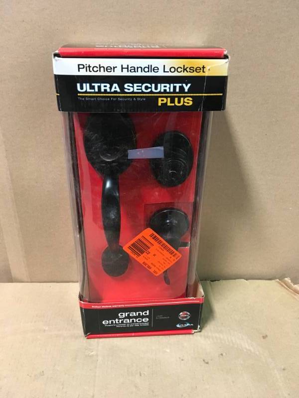 lot 91 image: Ultra Hardware Lexington Oil Rubbed Bronze Door Handleset and Single Cylinder Deadbolt in good condition