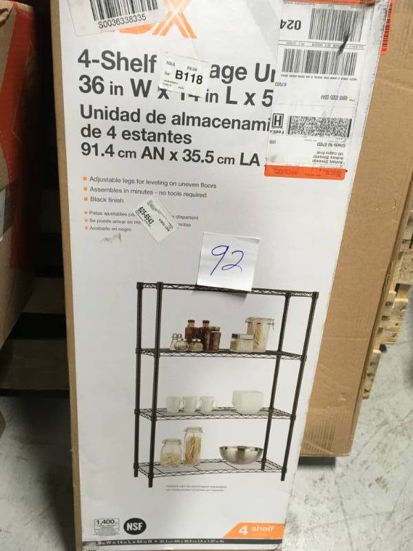 lot 92 image: HDX 54 in. H x 36 in. W x 14 in. D 4-Shelf Wire Unit in Black in good condition