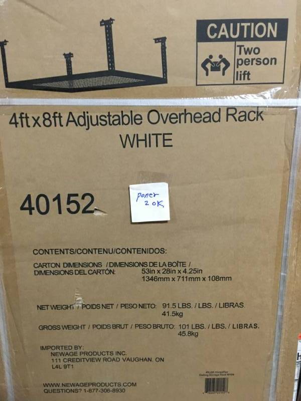 lot 93 image: NewAge Products Performance 96 in. L x 48 in. W x 42 in. H Adjustable VersaRac Ceiling Storage Rack in White QTY 2 not used
