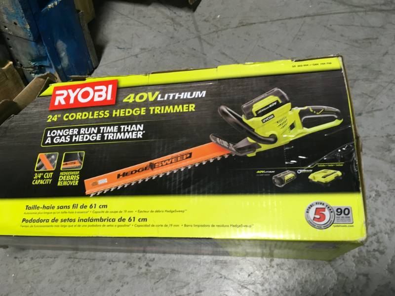 lot 95 image: RYOBI 24 in. 40-Volt Lithium-Ion Cordless Hedge Trimmer - 2.6 Ah Battery and Charger Included in good condition