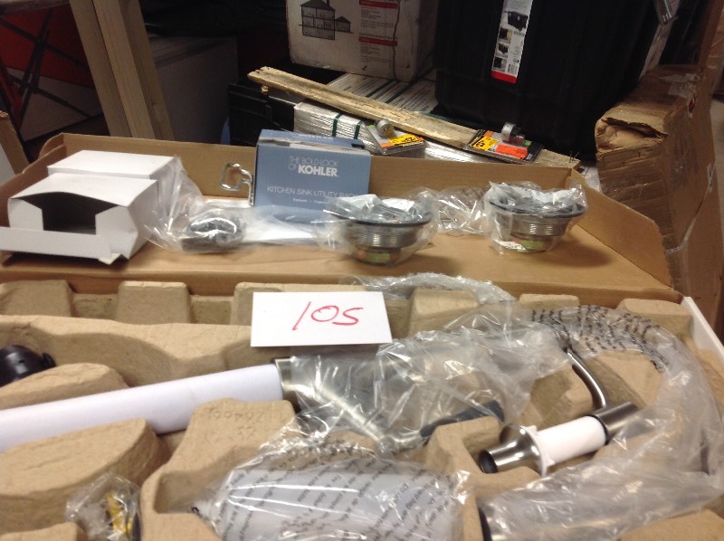 lot 105 image: Kohler All-in-One Kit Stainless Steel Sink Pull-Down Faucet Rack Strainer missing small pcs in good conditions