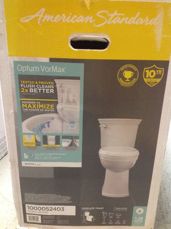 lot 106 image: American Standard Optum VorMax Complete Tall Height 2-piece 1.28 GPF Elongated Toilet in White with Slow Close Seat in good conditions