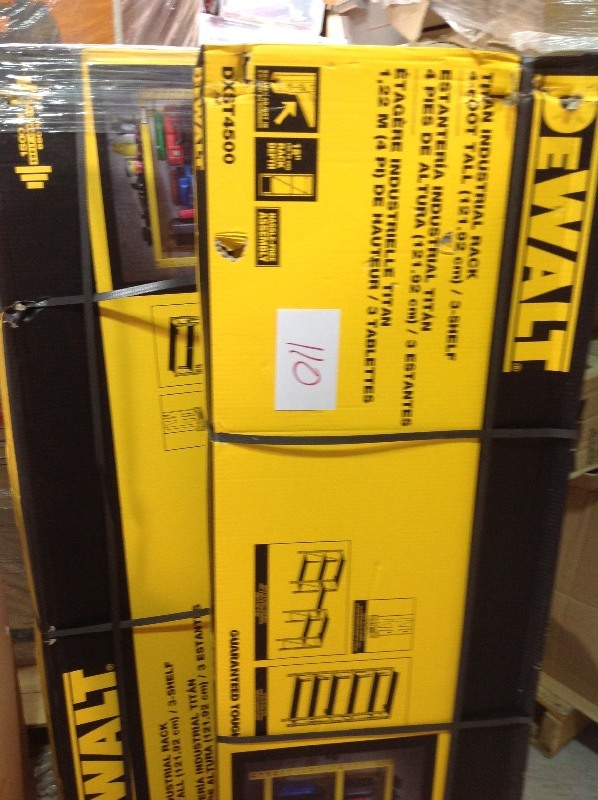lot 110 image: Lot of 2 DEWALT 48 in. H x 50 in. W x 18 in. D 3-Shelf Steel  Laminate Expandable Industrial Storage Rack Unit in Yellow in good conditions