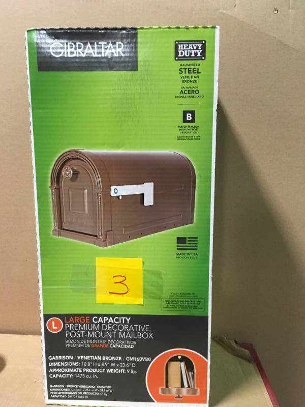 lot 3 image: Gibraltar Mailboxes Garrison Steel Post-Mount Large Mailbox in Venetian Bronze in very good condition