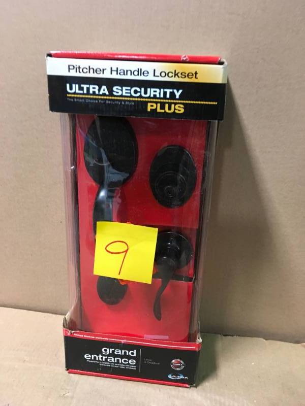 lot 9 image: Ultra Hardware Lexington Oil Rubbed Bronze Door Handleset and Single Cylinder Deadbolt in very good condition