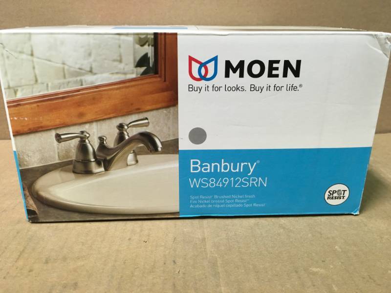 lot 11 image: MOEN Banbury 4 in. Centerset 2-Handle Low-Arc Bathroom Faucet in Spot Resist Brushed Nickel in very good condition