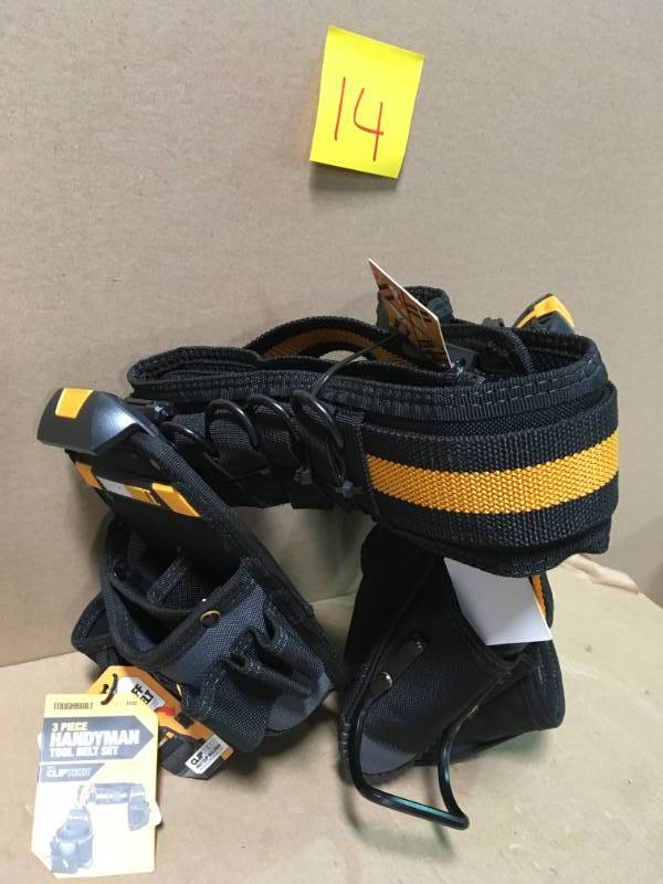 lot 14 image: TOUGHBUILT Handyman 16 in. 27-Pockets Tool Belt Set in Black (3-Piece) not used