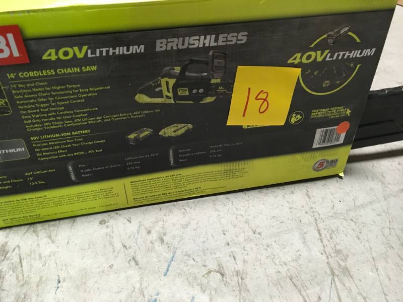 lot 18 image: RYOBI 14 in. 40-Volt Brushless Lithium-Ion Cordless Chainsaw 1.5 Ah Battery and Charger Included in very good condition