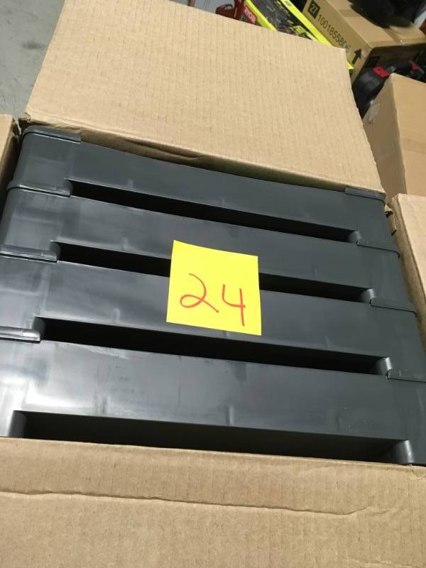 lot 24 image: Sterilite 57 in. H x 34.5 in. W x 14.375 in. D 4-Shelf Plastic Shelving Unit (1-Pack) in very good condition