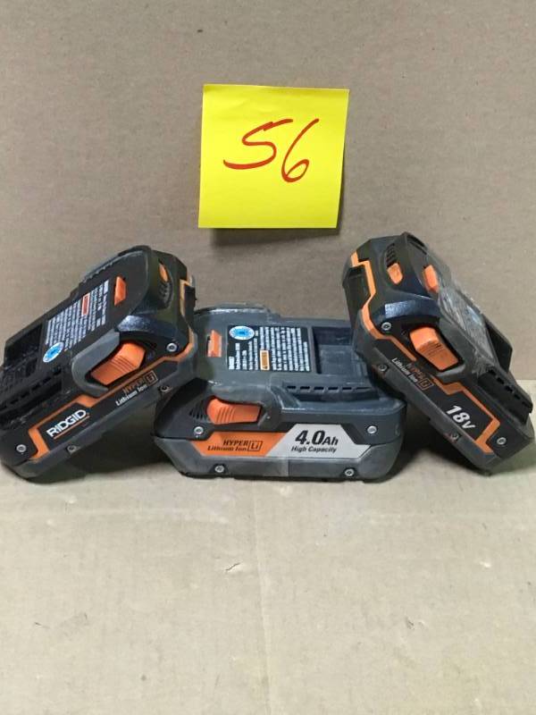 lot 56 image: (1) RIDGID 12-Volt HYPER Lithium-Ion Battery Pack 4.0Ah & RIDGID 18-Volt HYPER Lithium-Ion Battery Pack 2.0Ah (2)) QTY 3 used in good condition