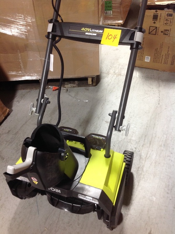 lot 104 image: RYOBI  20 in. 40-Volt Brushless Cordless Electric Snow Blower Tool Only in working conditions