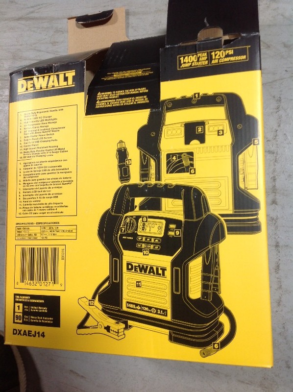 lot 111 image: DEWALT  1400 Peak Amp Jump Starter with Digital Compressor  in good conditions