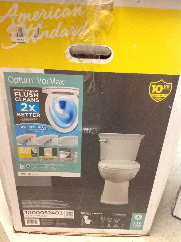 lot 114 image: American Standard  Optum VorMax Complete Tall Height 2-piece 1.28 GPF Elongated Toilet in White with Slow Close Seat in good conitions