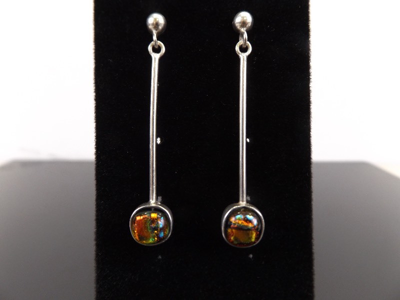lot 34 image: .925 Sterling Silver Copper Dichroic Art Glass Bar Dangle Earrings