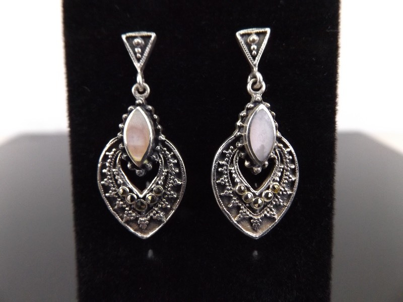lot 37 image: .925 Sterling Silver Mother of Pearl Art Nouveau Dangle Earrings