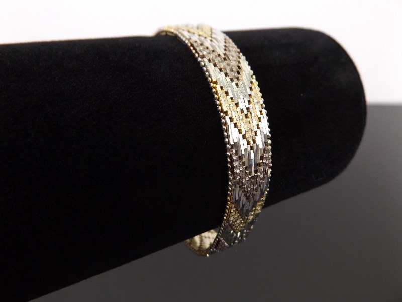 lot 43 image: .925 Sterling Silver 10mm Wide Weave Multi Tone Vermeil Bracelet