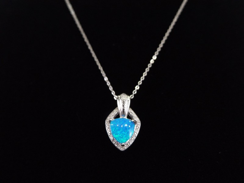 lot 53 image: .925 Sterling Silver Opal Diamond Accented Pendant Necklace
