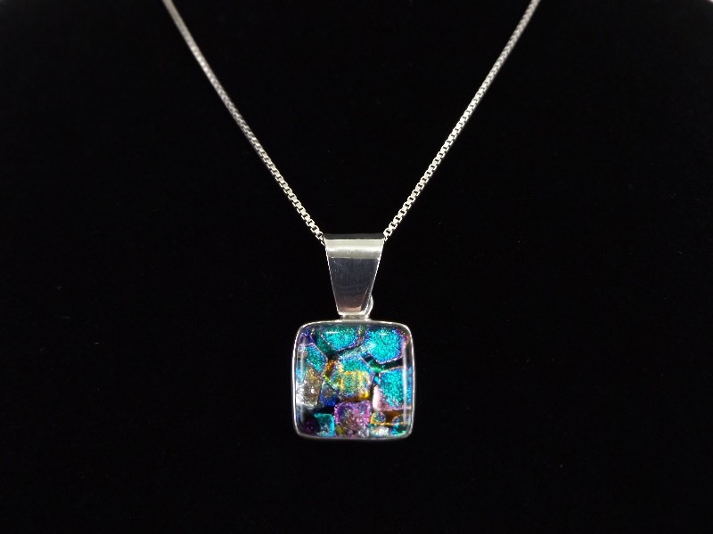 lot 56 image: .925 Sterling Silver Blue Green Purple Dichroic Art Glass Pendant Necklace