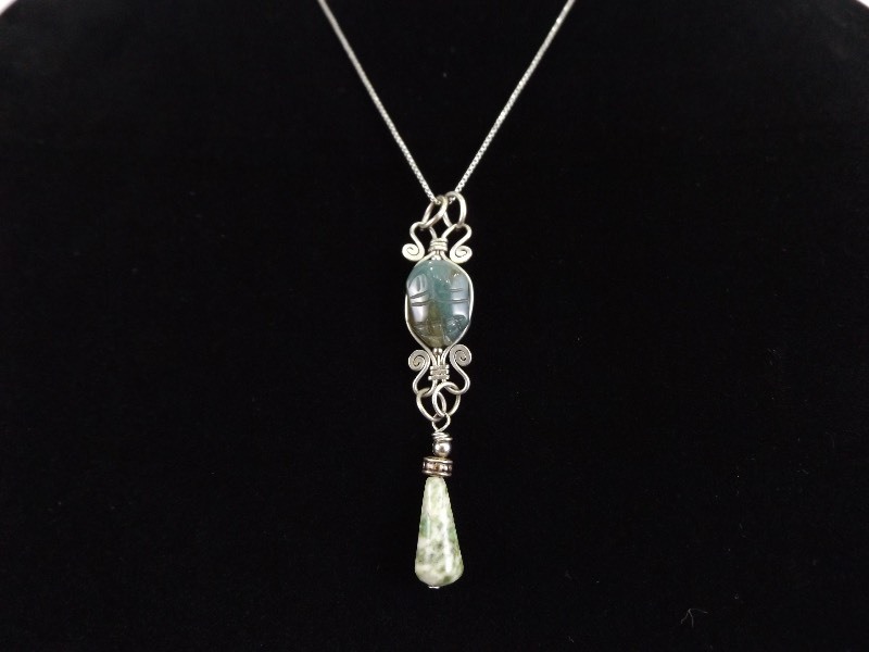 lot 57 image: .925 Sterling Silver Carved Blue Jade Scarab Pendant Necklace