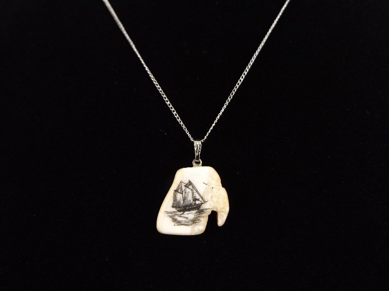 lot 61 image: .925 Sterling Silver Carved Bone Scrimshaw Pendant Necklace