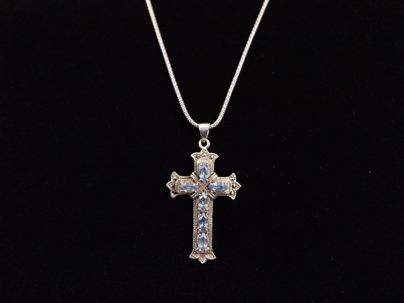 lot 64 image: .925 Sterling Silver Art Nouveau Faceted Topaz Cross Pendant Necklace