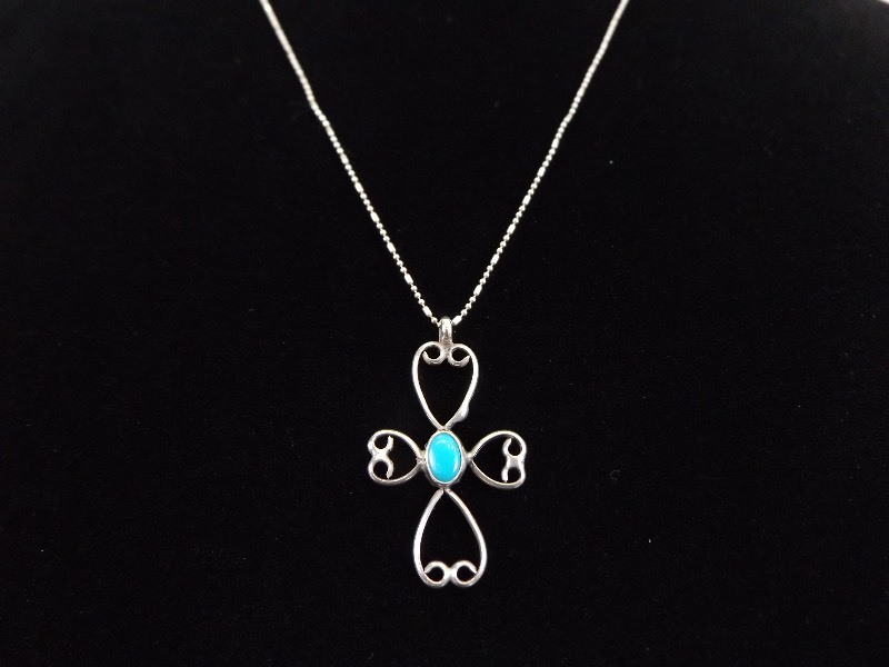 lot 65 image: .925 Sterling Silver Turquoise Cabochon Cross Pendant Necklace