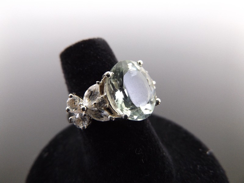 lot 84 image: .925 Sterling Silver Crystal Accented Faceted Prasiolite Ring Size 6.25