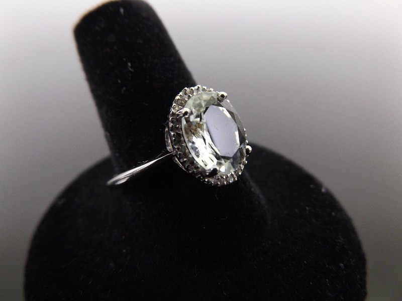 lot 85 image: .925 Sterling Silver Diamond Accented Faceted Prasiolite Ring Size 9.25