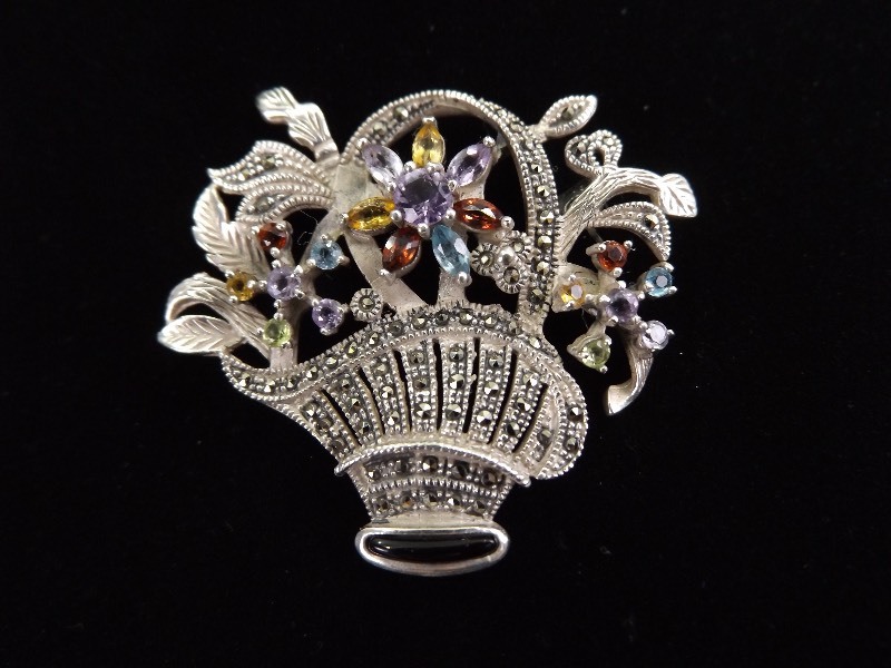 lot 90 image: .925 Sterling Silver Art Nouveau Multi Color Faceted Crystal Flower Basket Brooch