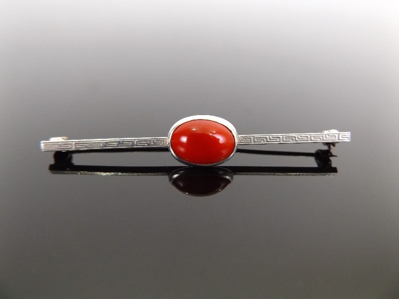 lot 92 image: Antique .925 Sterling Silver Red Coral Cabochon Greek Key Brooch