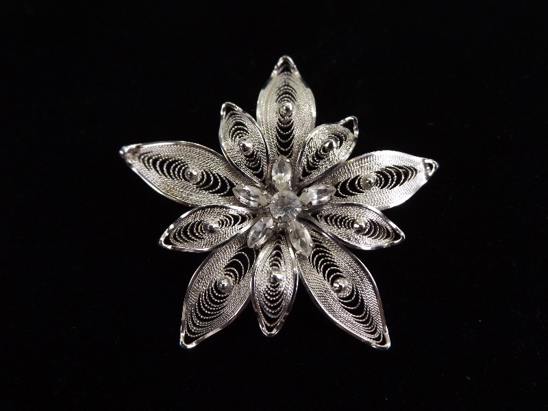 lot 95 image: .925 Sterling Silver Faceted Crystal Accented Filigree Flower Brooch
