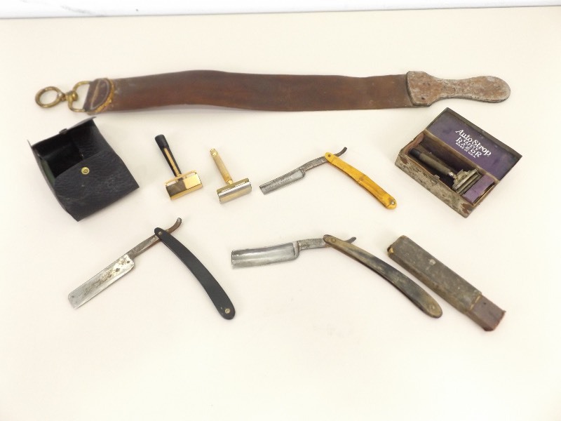 lot 16 image: Lot of Antique Razors, Strop, Shaving etc.