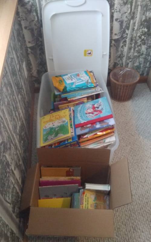 lot 35 image: Tote Bin With Lid & Box Of Childrens Books