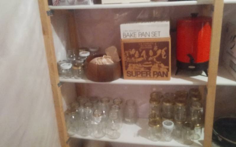 lot 37 image: Jars, Electric Coffee Pot, Springfarm Pans (Contents Of 2-Shelves)