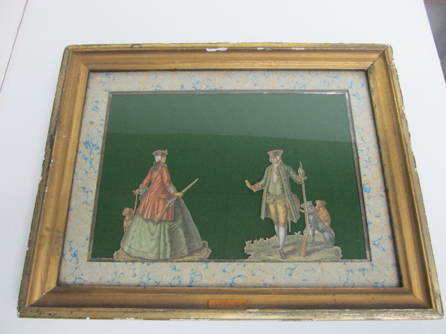 lot 30 image: Antique 1880s Chromolithograph Cut-Out 18th Century Hunting Outfit Framed