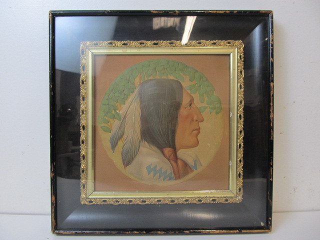 lot 64 image: Original Antique 1890s Framed Embossed Indian Head Artwork