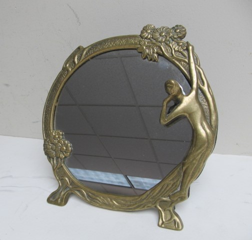 lot 57 image: Art Nouveau Style Brass Vanity Mirror