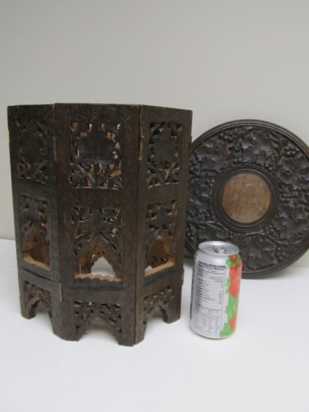 lot 77 image: Vintage Carved Octagonal Folding TablePlant Stand wBrass Inlay